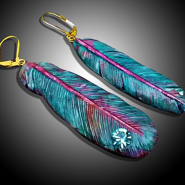 One-of-a-kind Summer of love polymer clay asymmetrical feathers earrings