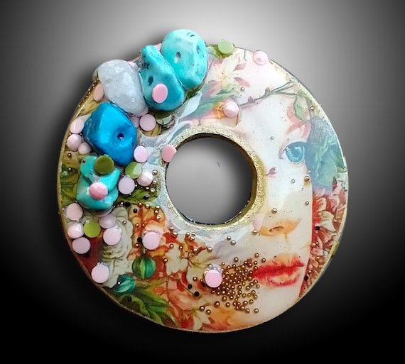 One-of-a-kind Polymer clay and mixed media pendant
