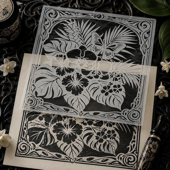 Tropical Art Nouveau Stencil | Orchid, Butterfly, Hibiscus Mylar Furniture Wall Decor