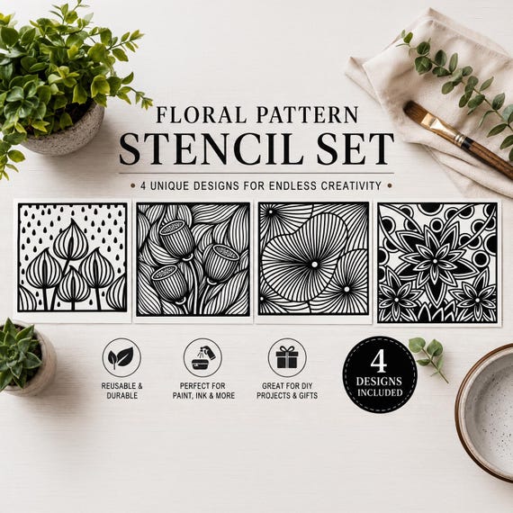 Scandinavian Botanical Stencil Set – 4 Modern Floral Designs for DIY Decor, Furniture, Walls & Crafts