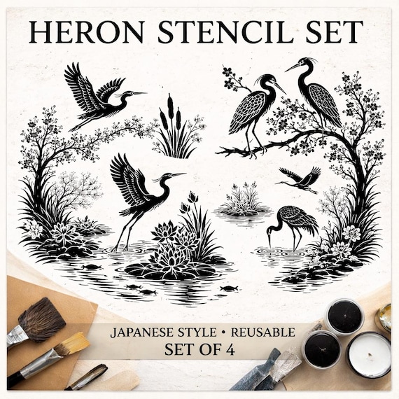 Heron Stencil Set of 4 – Japanese Style Crane Stencils – Reusable Wall & Furniture Stencils