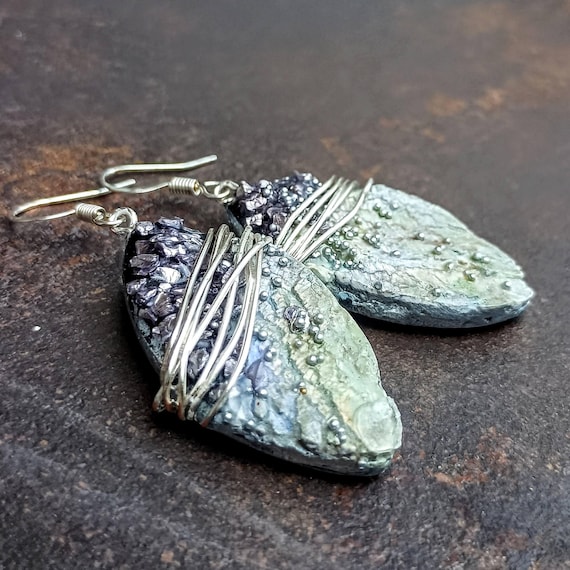 Raw Crystal & Wire Wrapped Leaf polymer Clay Earrings – Earthy Textured Handmade Dangle Jewelry