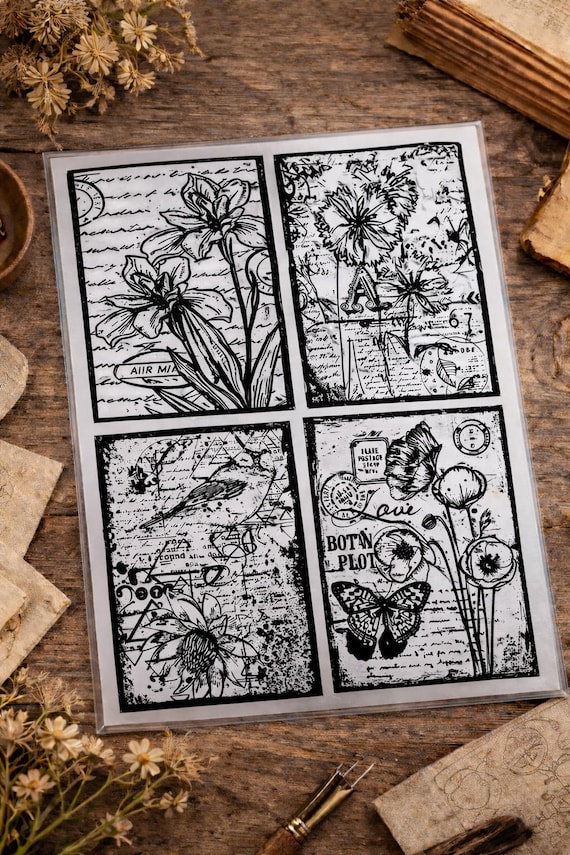 Vintage Botanical & Script Silicone Stamp