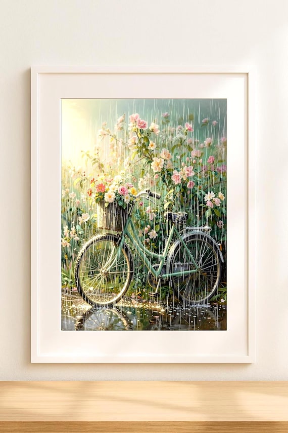 Vintage Bicycle in Rain Matted Art Print – Floral Garden Scene on Mug, Tumbler, Coaster