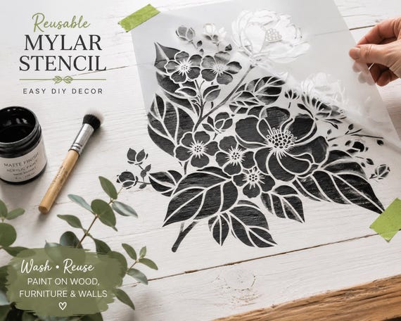 Floral Corner Stencil | Reusable Mylar Botanical Stencil | Peony Flower Corner Stencil | Furniture, Wall & Cabinet Painting Template