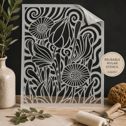 Art Nouveau Floral Stencil – Reusable Mylar Stencil for Glass, Walls, Furniture & DIY Crafts