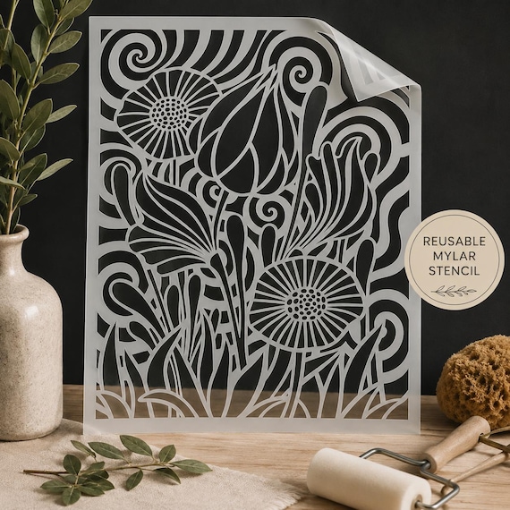 Art Nouveau Floral Stencil – Reusable Mylar Stencil for Glass, Walls, Furniture & DIY Crafts