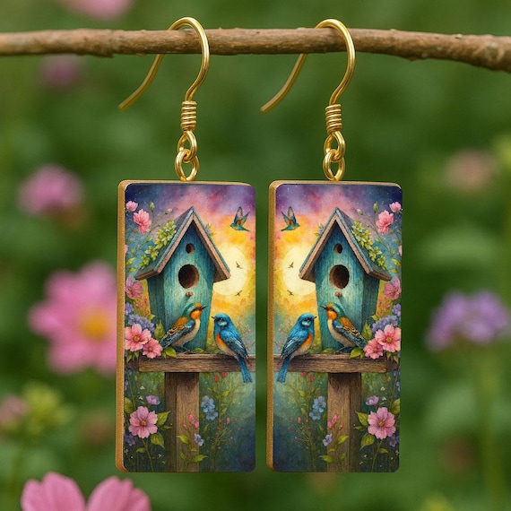 Whimsical Garden Birdhouse Earrings – Handcrafted Nature-Inspired Jewelry