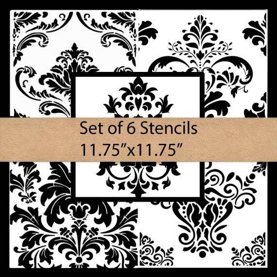 Elegant Baroque Damask Stencil Set (5 Designs) – 11.5x11.5 Reusable High-Detail Vintage Pattern Stencils