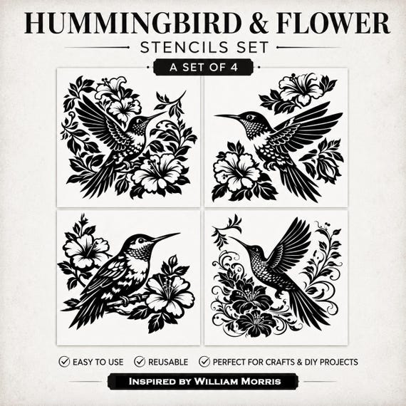 Hummingbird & Flower Stencil Set • Floral Bird Craft Templates for Painting, DIY Decor, Scrapbooking