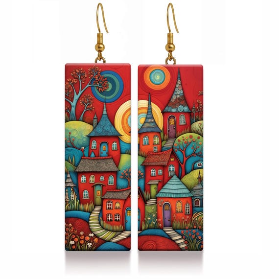 Whimsical Village Polymer Clay Earrings • Colorful Storybook Art Jewelry