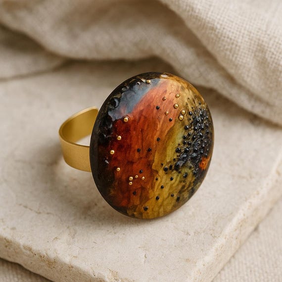 Handmade Polymer Clay Ring • Mixed Media Resin Art Ring • One-of-a-kind