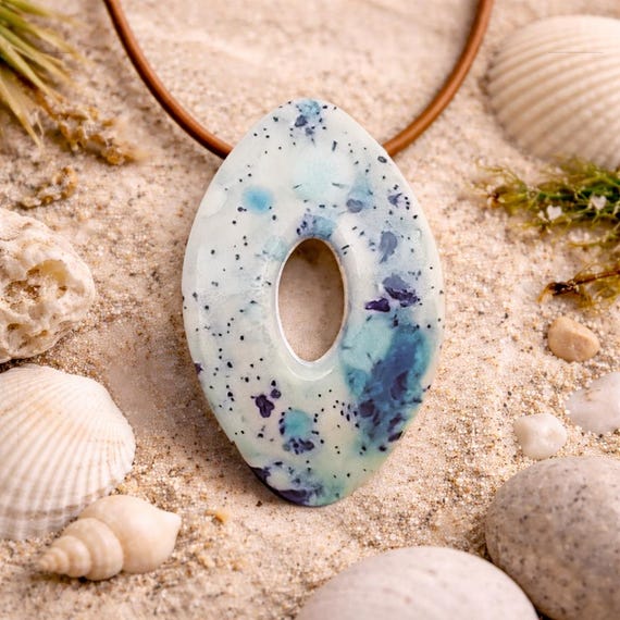 One-of-a-kind blue ink spotted ceramic pendant  – Ocean Glaze, Handcrafted Wearable Art
