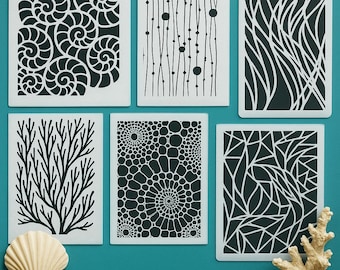 Ocean Life Stencil Set - Reusable Mylar Stencils, Sea Shells & Coral