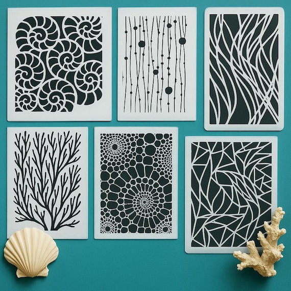 Ocean-Inspired Stencil Set - 6 Reusable Mylar Stencils for Art, Clay, Fabric and Crafts - Original Design