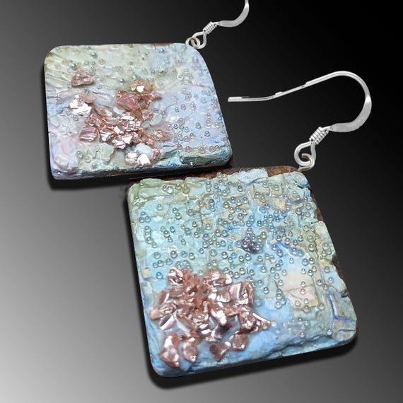 Delicate Abstract Art Earrings – Handmade Polymer Clay Dangles with Soft Colors & Copper Accents – one-of-a-kind