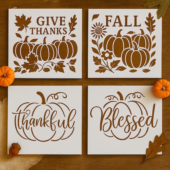 Set of 5 Large Fall & Thanksgiving Stencils – Original Design - “Give Thanks”, “Fall”, “Thankful”, “Blessed", and "Happy Fall Y'all"
