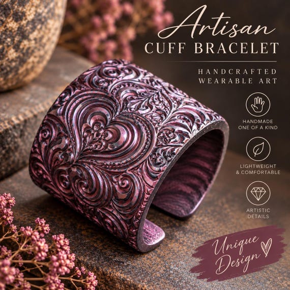 Handmade Embossed Cuff Bracelet, Heart Floral Scrollwork, Metallic Purple Boho Jewelry