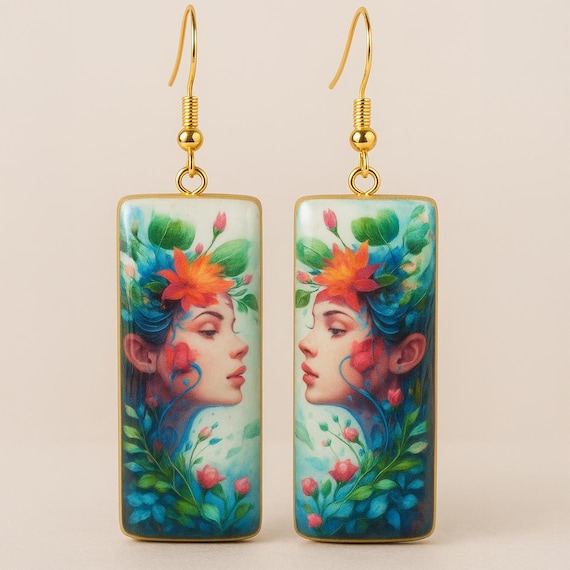 Handmade Art Earrings – Floral Muse Portrait Design