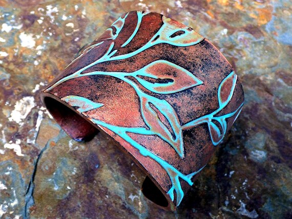 Beautiful Laurel copper and patina polymer clay cuff bracelet