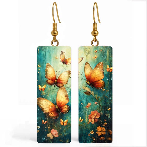 Boho Butterfly Earrings • Nature-Inspired Jewelry • Teal & Gold Wearable Art