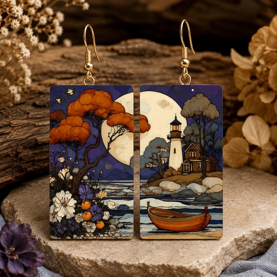Lighthouse Earrings, Moonlit Coastal Art Earrings, Autumn Landscape Earrings, Wearable Art, Resin or Matte Finish
