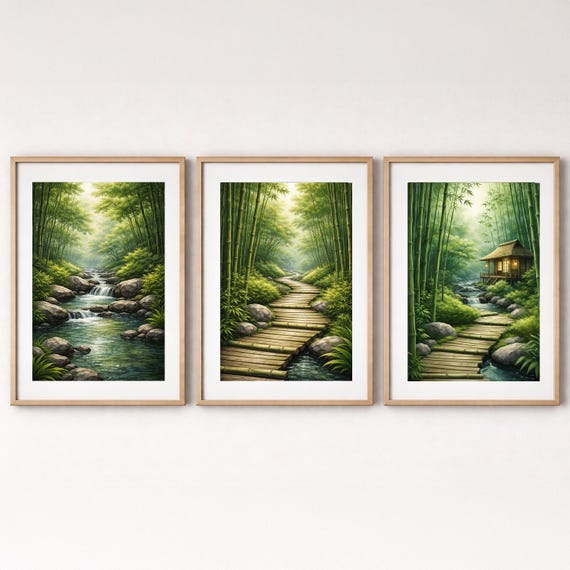 Bamboo Forest Triptych Wall Art Set - Zen Nature Decor