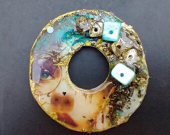 One-of-a-kind Polymer clay and mixed media pendant