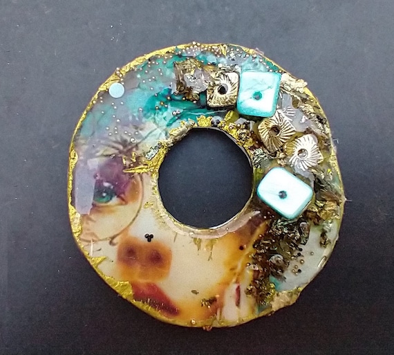 One-of-a-kind Polymer clay and mixed media pendant