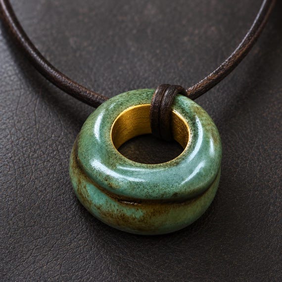 Handmade Ceramic Donut Pendant Necklace | Green Glaze, Gold Rim, Leather Cord