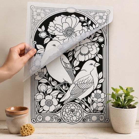 Art Nouveau Birds & Peonies Stencil | Reusable Mylar Wall Furniture Decor Template