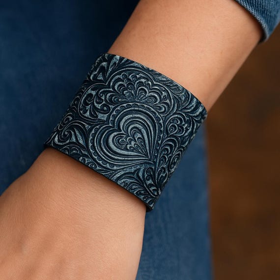 Handmade Dark Blue and Silver Embossed Cuff Bracelet | Heart & Floral Pattern | Boho Statement Jewelry