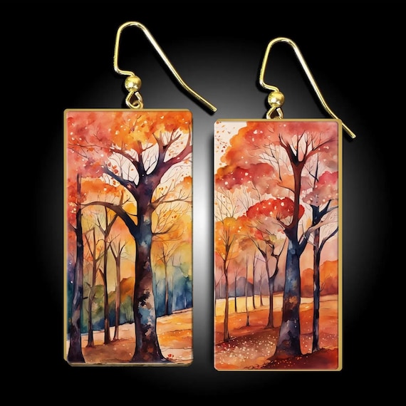 Handmade Autumn Forest Earrings – Woodland Fall Jewelry • Watercolor Art Earrings • Lightweight Boho Gift for Her