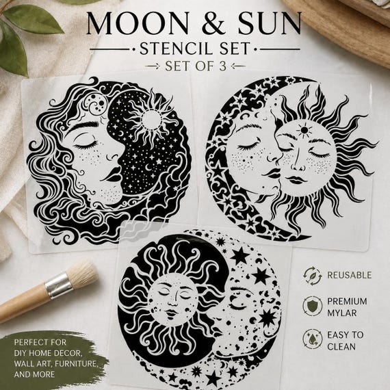 Boho Sun Moon Stencil Set of 3, Celestial Face Stencils, Mystical Moon Stencil, Sun Stencil, Reusable Mylar Stencils, Wall Decor