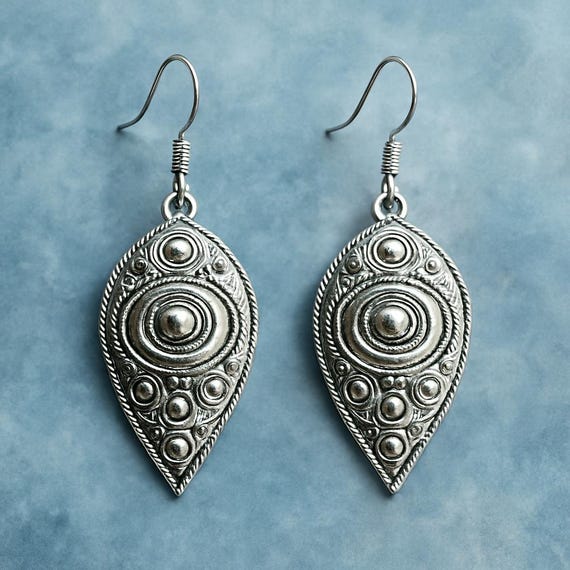Boho Tribal Teardrop Dangle Earrings, Lightweight Silvertonr Statement Earrings, Vintage Style Festival Jewelry, Gift for Her