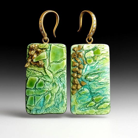 Artisan Polymer Clay Earrings with Gold Pyrite Accents – Green & Turquoise Textured Statement Jewelry