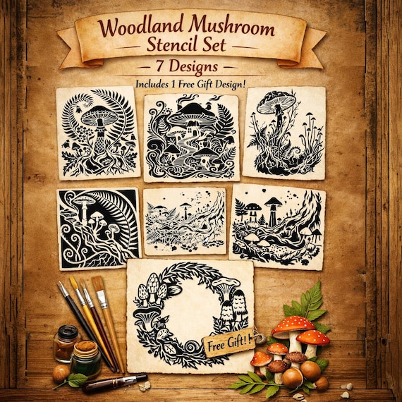 Woodland Mushroom Reusable Mylar Stencil Set | 7 Forest Cottagecore Templates