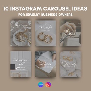 May include: A collage of 10 Instagram carousel ideas for jewelry business owners. The images feature jewelry, a hand making jewelry, a notebook with the words "The Biggest Lessons", and a close-up of pearls.