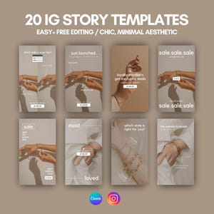 20 Editable Canva Instagram Story Templates for Small Jewelry Business Owners, Minimal and Chic Neutral Aesthetic - 1080 x 1920 px