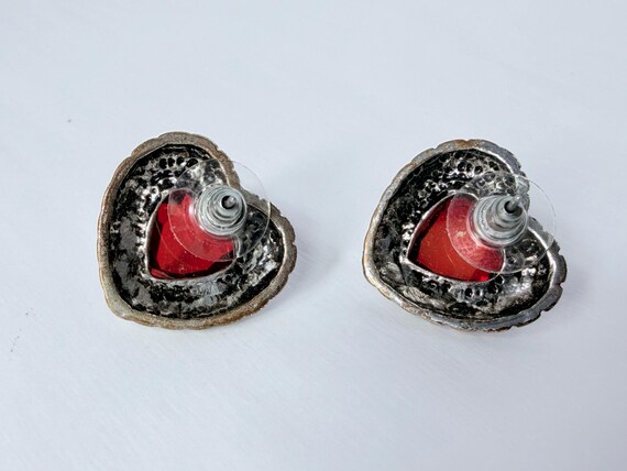 Vintage 90s Statement Ruby Red Heart Stud Earring… - image 7