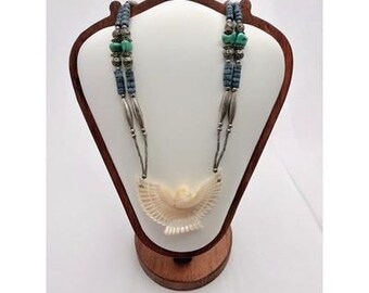 Vintage 70s Zuni Fetish Necklace Carved Mother of Pearl Eagle Sterling Silver