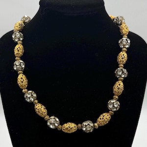 Vintage 1950s Pave Rhinestone & Filigree Bead Statement Necklace