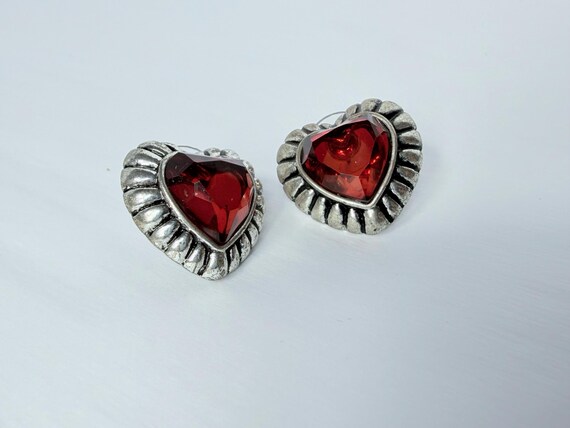 Vintage 90s Statement Ruby Red Heart Stud Earring… - image 2