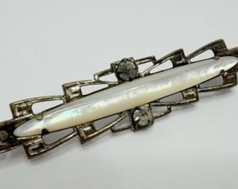 Art Deco Bar Brooch with Mother-of-Pearl and Rhinestones
