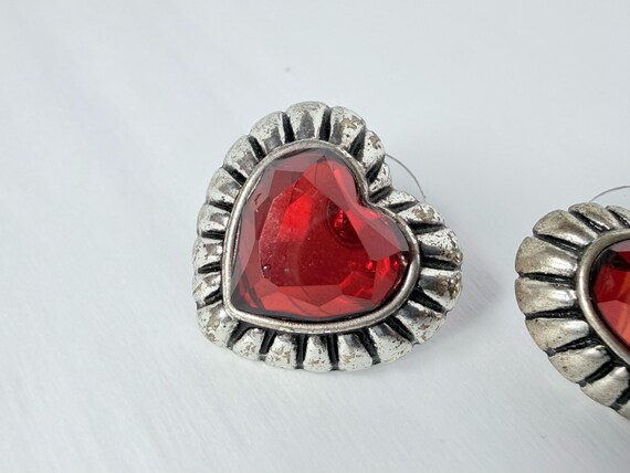 Vintage 90s Statement Ruby Red Heart Stud Earring… - image 6