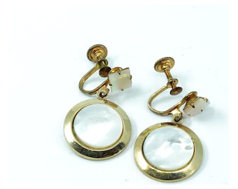 Vintage Screw-Back Drop Earrings Gold-Tone Mother-of-Pearl-Like Cabochons