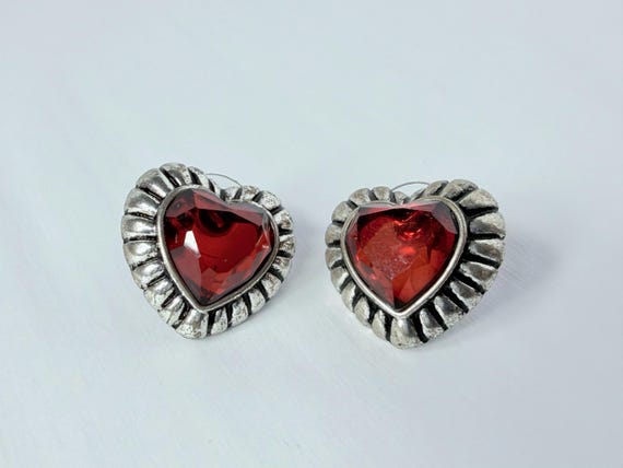 Vintage 90s Statement Ruby Red Heart Stud Earring… - image 1