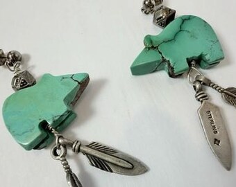 Vintage Zuni Navajo Sterling Turquoise Bear Fetish Earrings