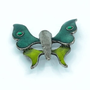 Delphine Nardin Paris Butterfly Brooch Cloisonne Enamel Teal Chartreuse 1970s