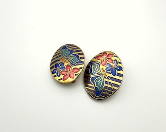 Vintage 1980s Enamel Floral Clip-On Earrings – Gold Tone with Multicolor Blossoms